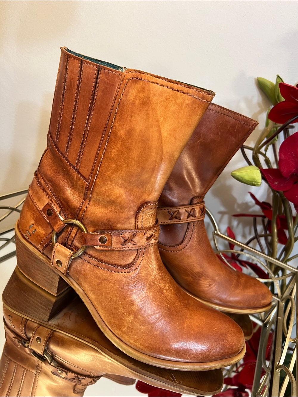 ROAN by Bed Stu Tan Maely Cognac Distressed Leather Harness Ankle Boots Size 11